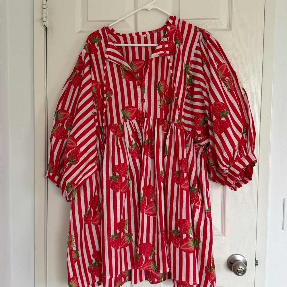 Red and White Striped Strawberry print midi Dress